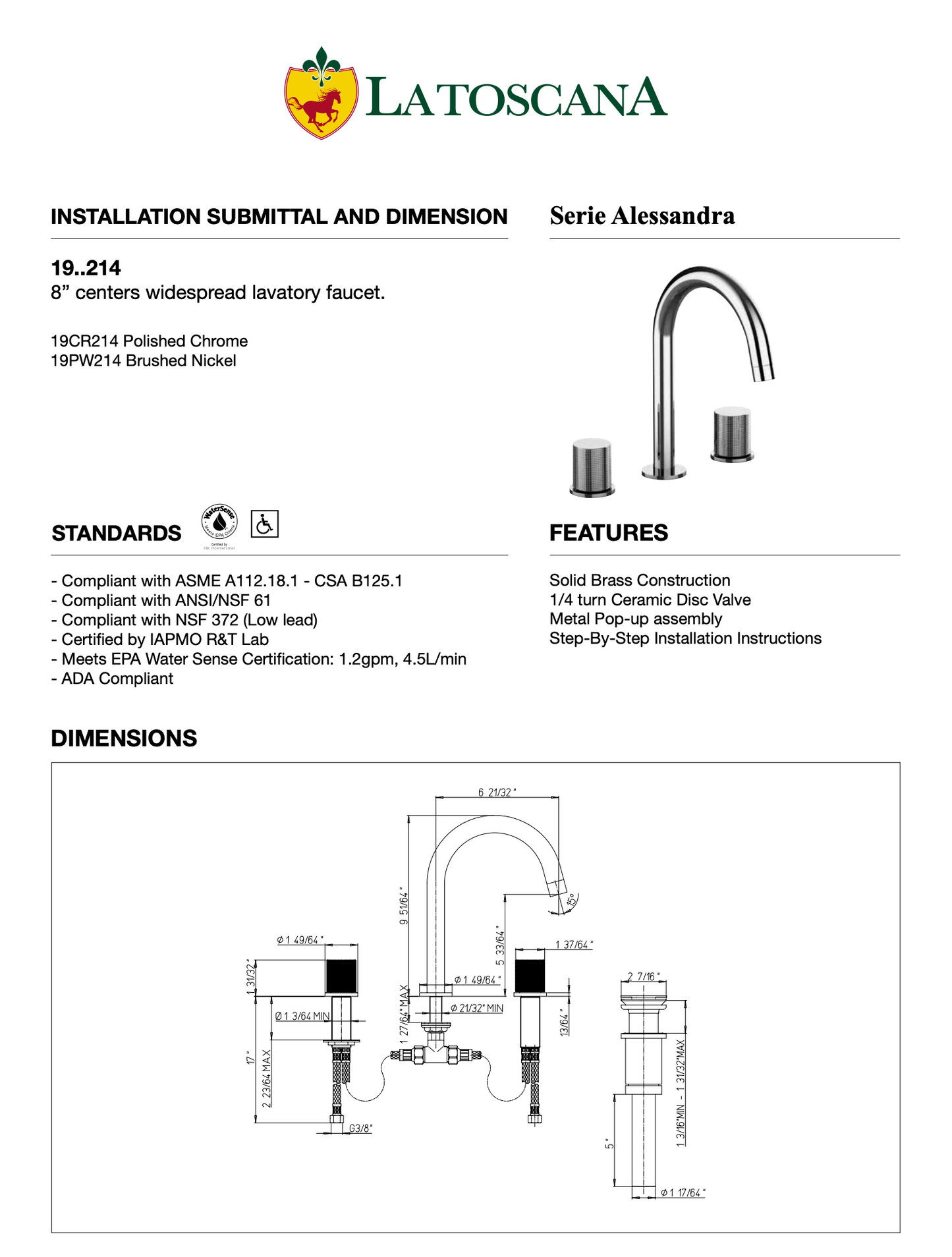 Latoscana ALESSANDRA 8" Centers Widespread Lavatory Faucet 19CR214