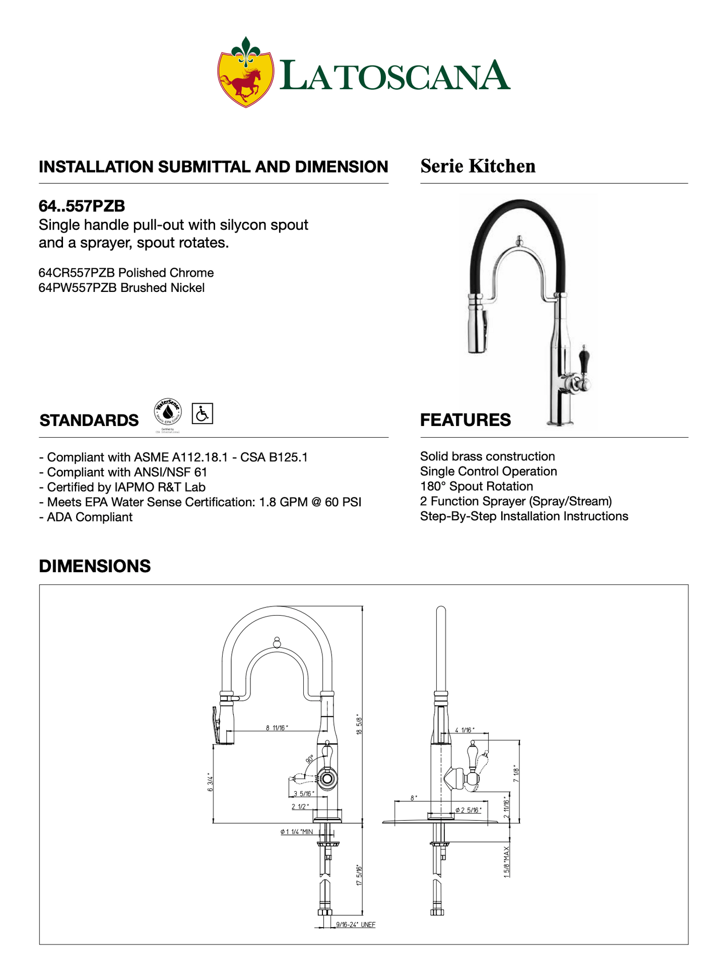 Latoscana Brushed Nickel Single Handle Pull-out With Silycon spout And A Sprayer Spout RotatesKitchen Facuet 64PW557PZB
