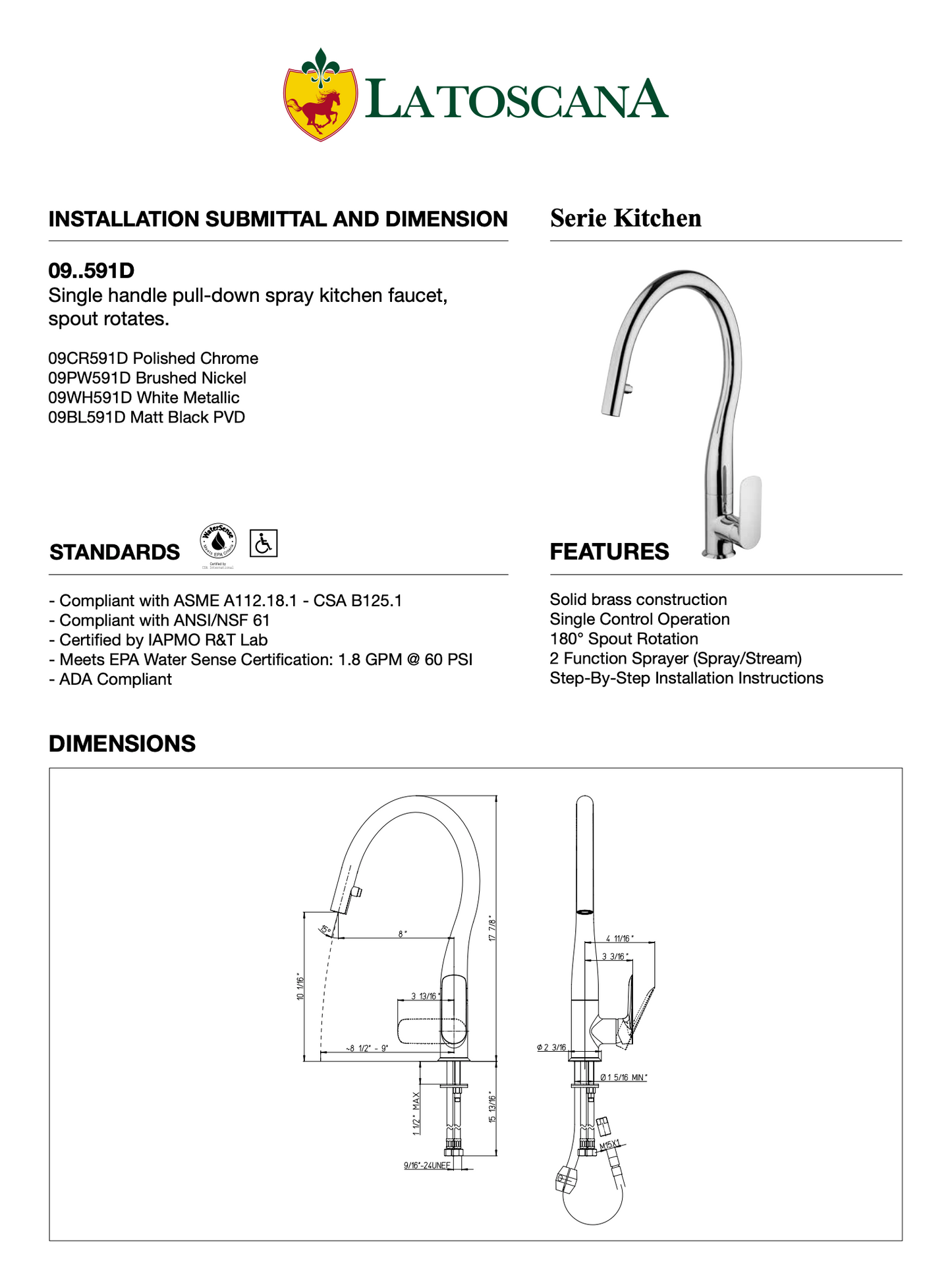 Latoscana Single Handle Pull-down Spray kitchen Faucet Spout Rotates 09WH591D