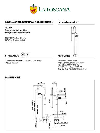 Latoscana Alessandra Brushed Nickel Floor Mounted Tub Filler 19PW136