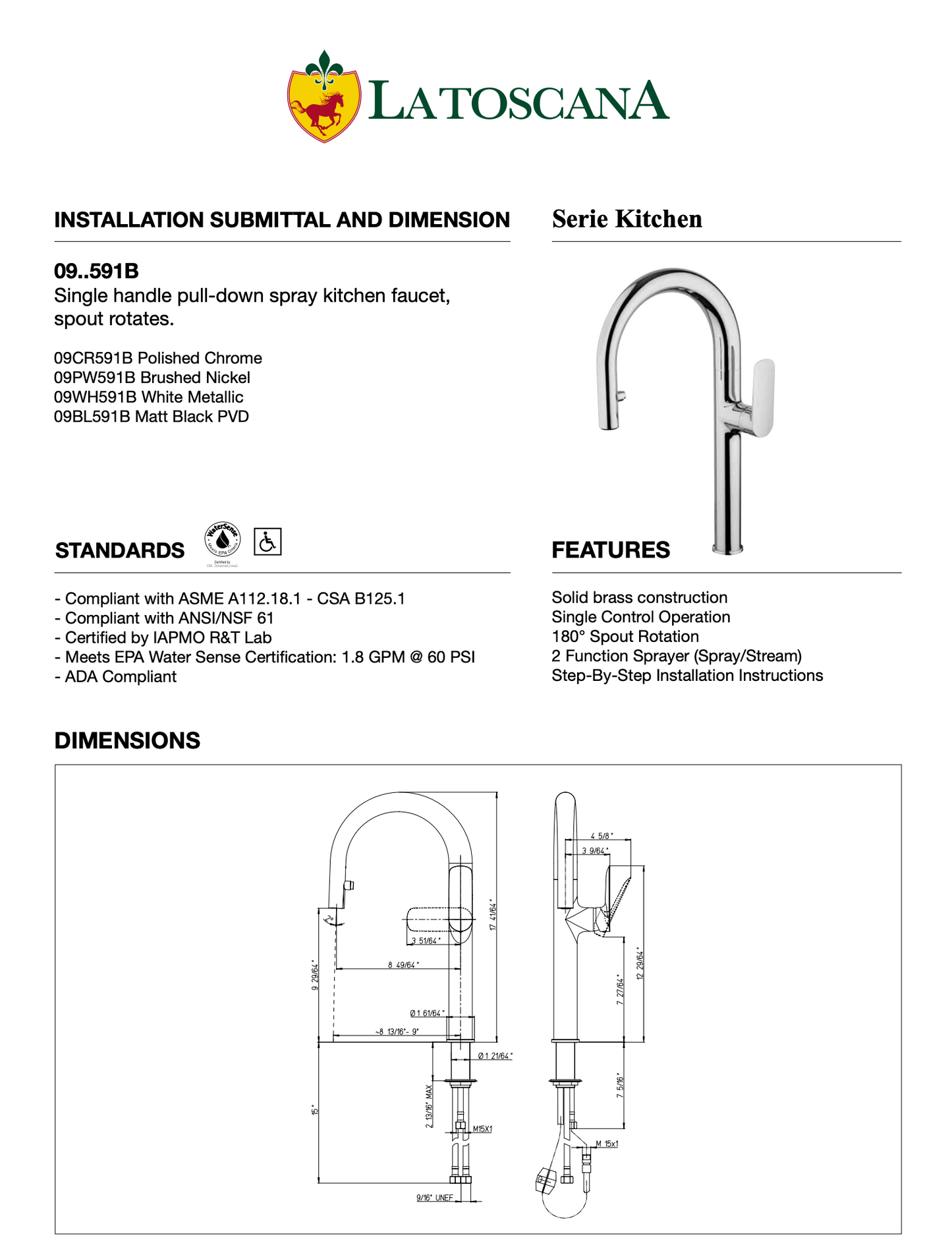 Latoscana Brushed NickelSingle Handle Pull-down Spray kitchen Faucet Spout Rotates 09PW591D