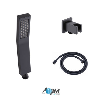 Aqua Piazza Matte Black Shower Set with 12" Ceiling Mount Square Rain Shower, 4 Body Jets and Handheld