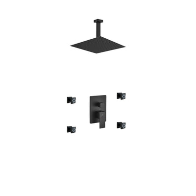 Aqua Piazza Matte Black Shower Set with 12" Ceiling Mount Square Rain Shower and 4 Body Jets